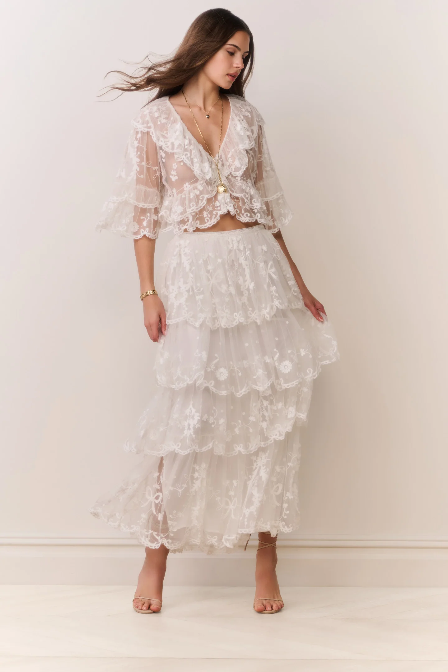 Celesa Embroidered Mesh Tiered Maxi Skirt - Image 3