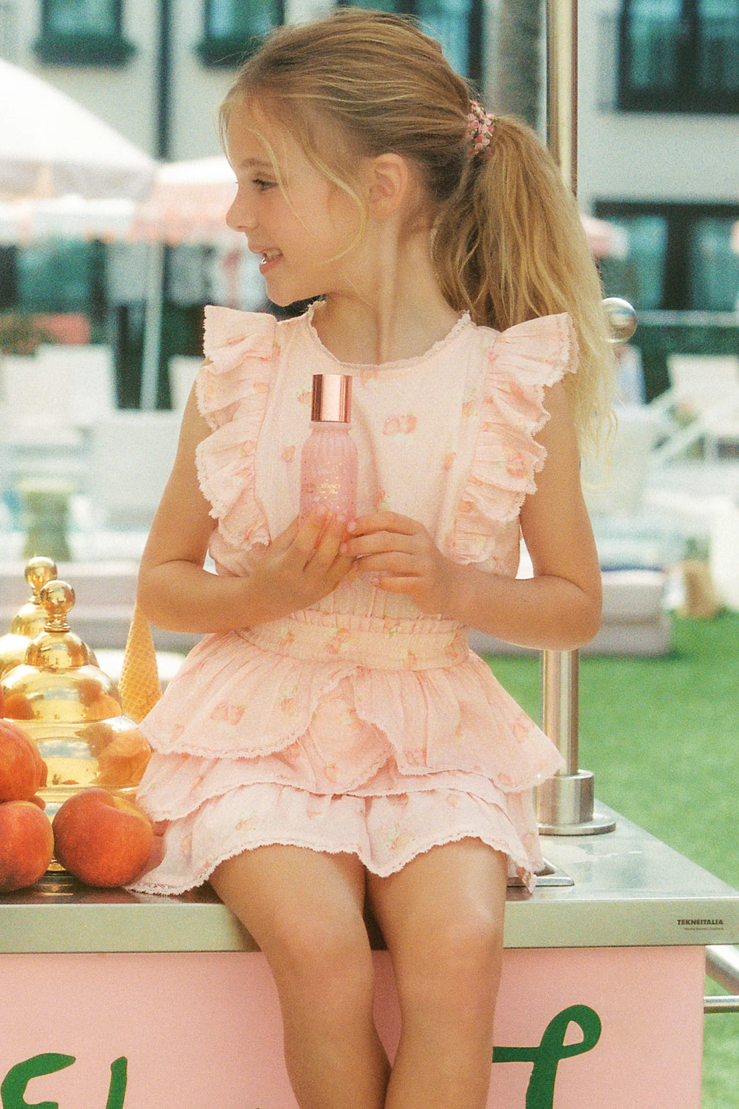 Little Girls Peach Pom Pom Decker Dress - Image 3