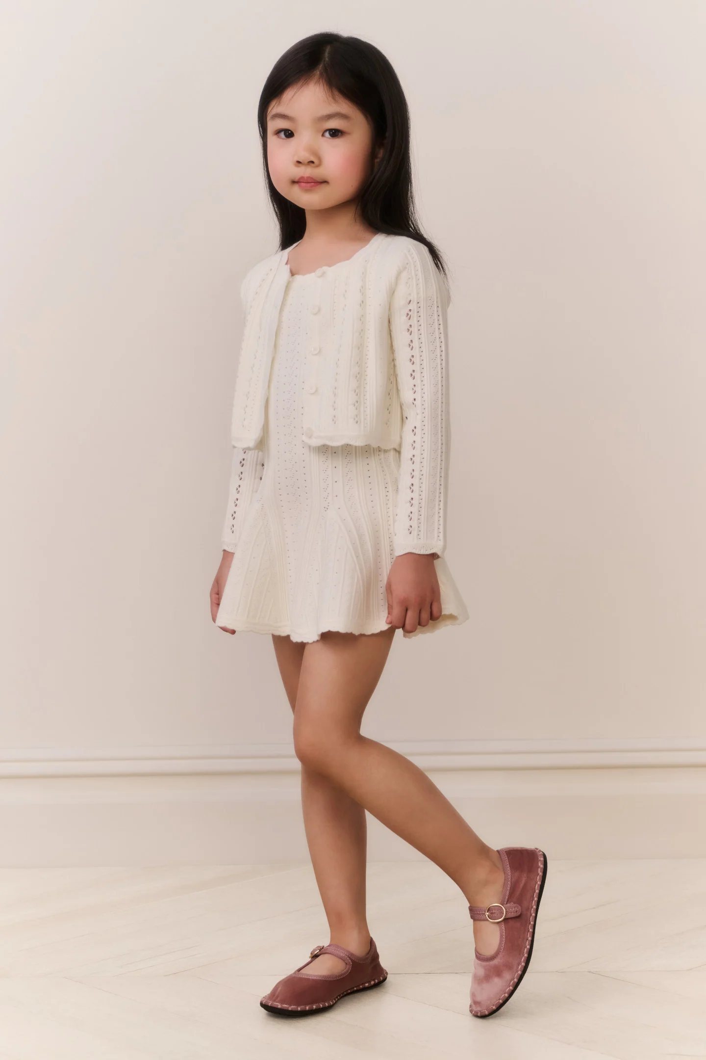 Little Girls Emlynn Pointelle Cardigan - WHITE TEA - Image 3