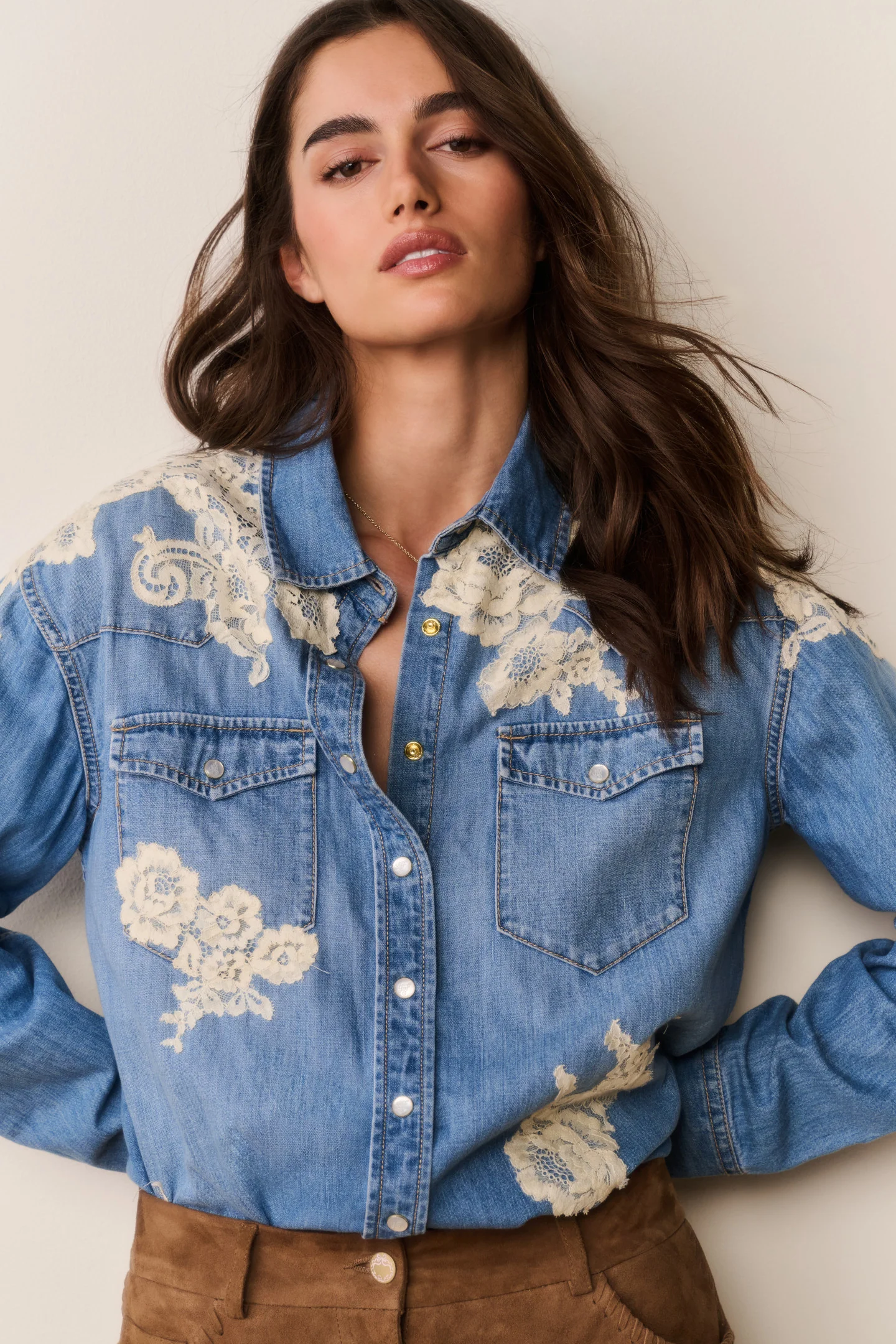 Kelith Lace Appliqué Chambray Shirt - Image 4