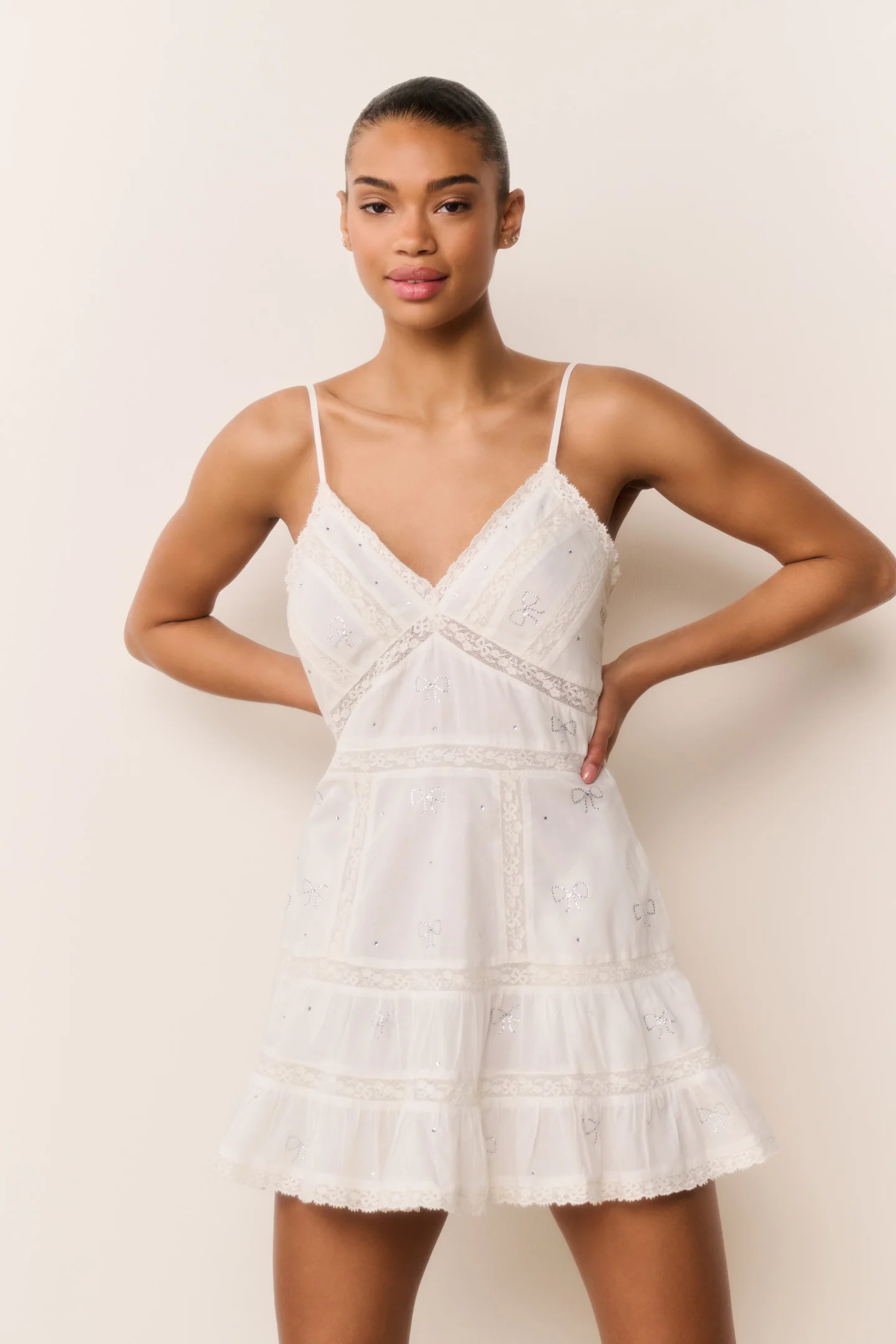 Solbina Crystal Bow Cotton Mini Dress - WHITE - Image 4