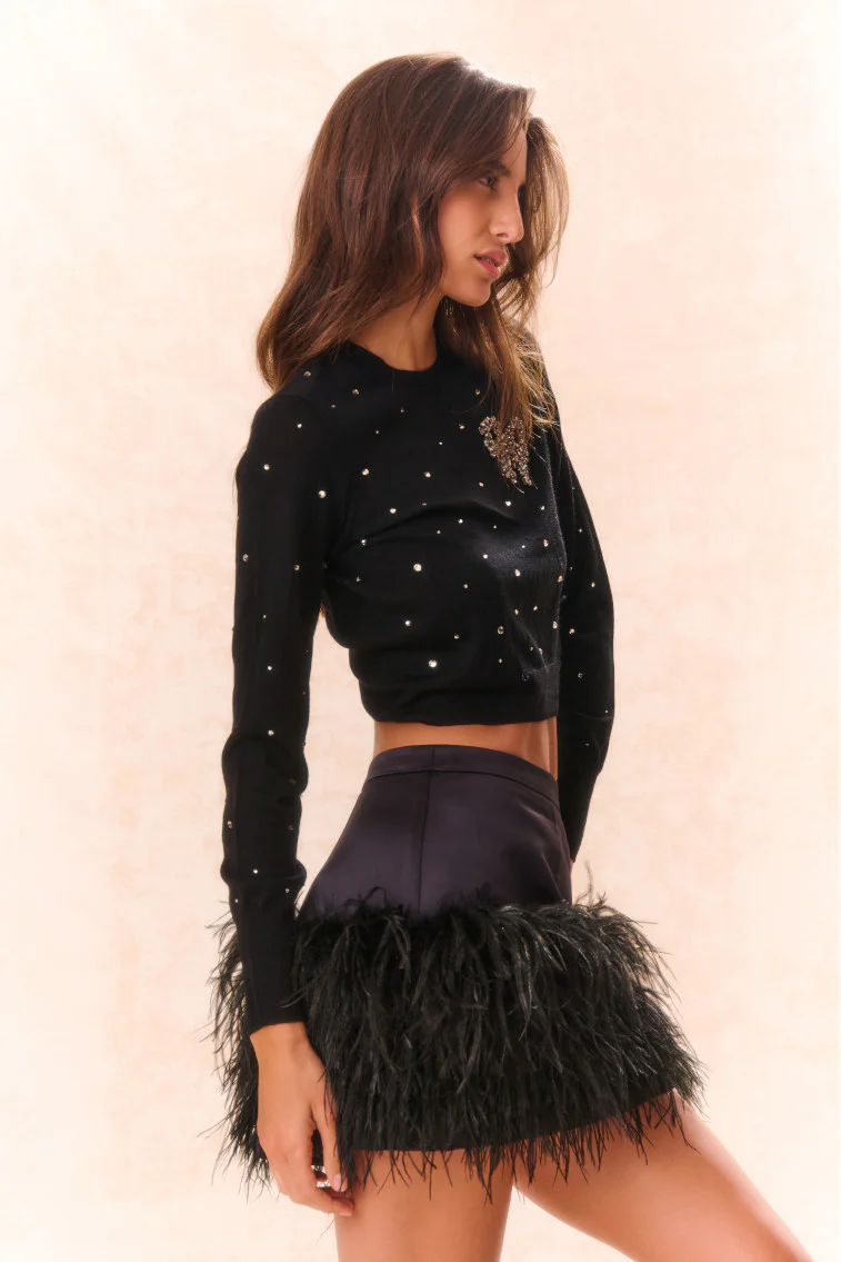 Viviette Feather Mini Skirt - BLACK - Image 2